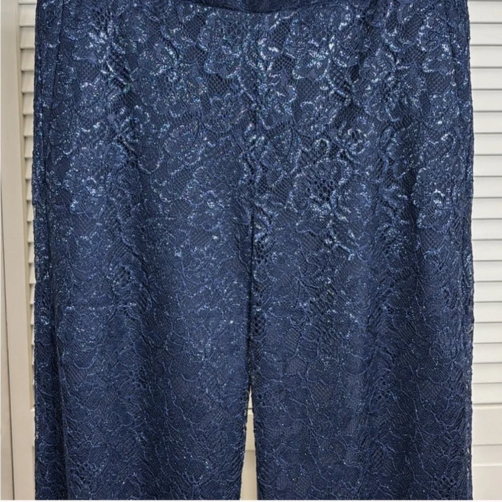 J. Crew Blue Lace Wide Leg Pants with Elegant Print and metallic silver thread - Picture 7 of 12